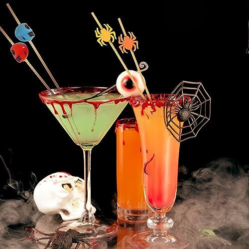 SRIZIAN 200 Piezas Brochetas Cocktail, 4.7Inch Palillos para Cócteles Calavera y araña de Halloween Pinchos de Cocktail para Bebidas Frutas Alimentos Aperitivos Fiesta Decoración