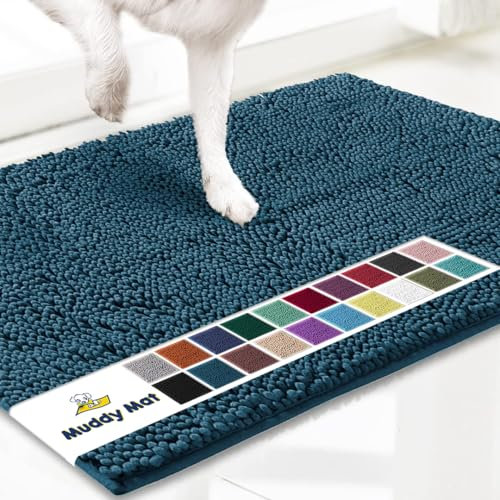 Muddy Mat® AS-SEEN-ON-TV Highly Absorbent Microfiber Door Mat and Pet Rug, Non Slip Thick Washable Area and Bath Mat Soft Chenille for Kitchen Bedroom Indoor and Outdoor - Atlantic Blue Large 35X24