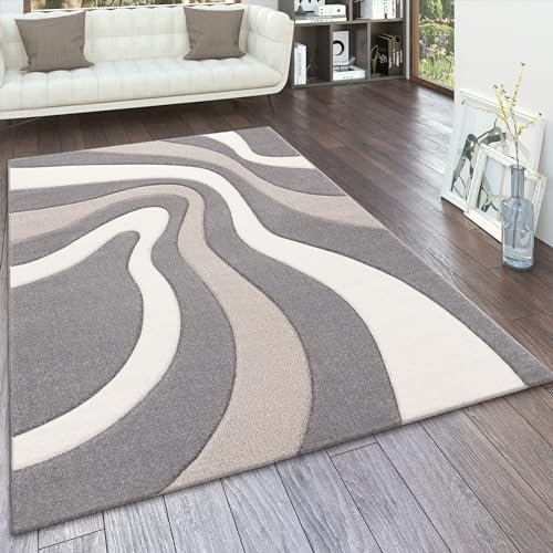 Paco Home Designer Teppich Modern Abstrakt Wellen Optik Konturenschnitt In Versch. Farben und Größen, Grösse:80x300 cm, Farbe:Grau