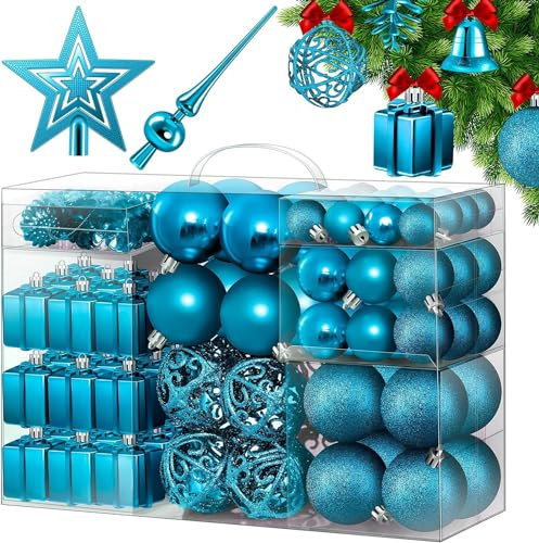 KESSER® Weihnachtskugeln 102-teiliges Set, mit Baumspitze Christbaumkugeln Kunststoff Bruchsicher mit Plastik Weihnachtsbaumkugeln Box Weihnachtsbaum Weihnachtsdeko Deko & Christbaumschmuck, Türkis