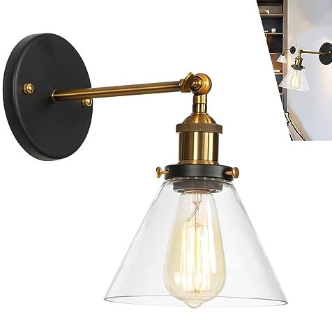 Wandlampe Vintage Industrie Wandleuchte Glas Spiegelleuchte Bad im Industrial Design, Wandleuchte Retro E27 Lampenfassung, Wandspot Innen Innen Lampenschirm für Schlafzimmer Wohnzimmer Küche (A)