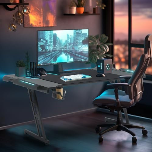 YUENFONG Tavolo da Gaming 140 x 60 cm, Scrivania per PC con Superficie in Fibra di Carbonio, Tavolo da Computer incluso Gancio per Cuffie e Portabicchieri, Nero con LED