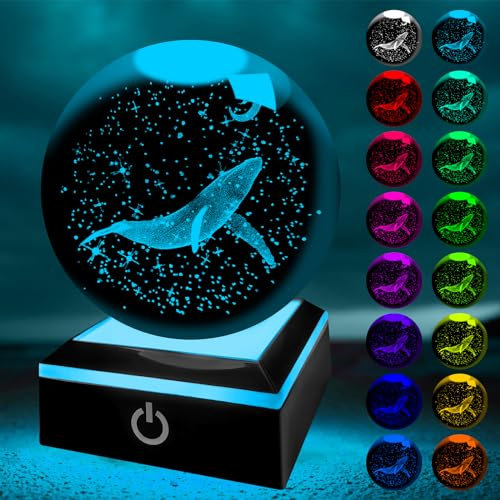 YATOSEEN 3D Wal Kristallkugel mit Multicolor Nachtlicht, K9 Kristall Mini Wal Modell Meereslebewesen, Geschenk für Kinder Freunde Paar Geburtstag Festival