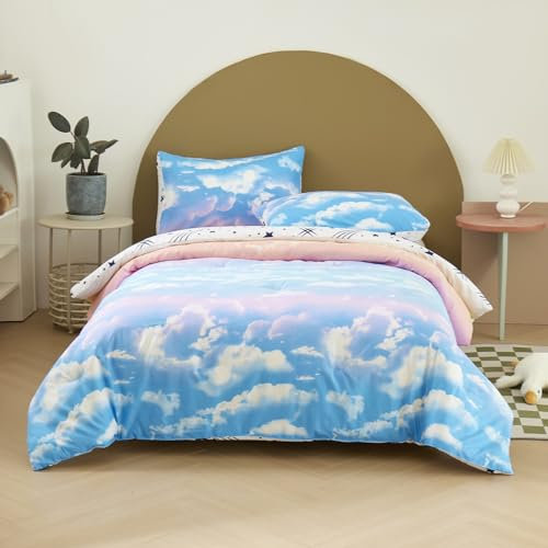 Kinder Bettwäsche Set 135x200cm Blau Himmel Regenbogen Mädchen Jungen Baby Kinderbettwäsche Microfaser Weiß Blau Muster Sommer Bettbezug mit Reißverschluss Wendedesign mit Kissenbezug 80x80cm