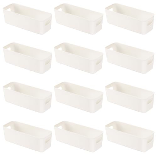 Dulov 12 Stück Aufbewahrungsbox Kunststoff, Aufbewahrungskorb mit Griffen 28×9.5×8.5cm, Küchenschrank Organizer Box Körbe Aufbewahrung Kunststoffbox für Küche Badezimmer Regal Schubladen Schrank -Weiß