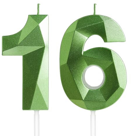 Geburtstagskerzen Zahl 16 Grün - Grüne Kerzen 3D Kerzen für Junge Mädchen Geburtstagstorten, Kerzen zum 16 Geburtstagsdeko (Nummer 16 Kerze, Tortenkerzen) Geburtstagsparty, Feier