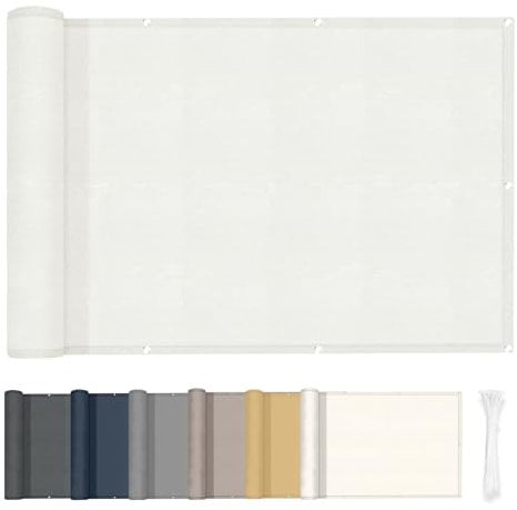HENG FENG Balkon Sichtschutz 90x1000cm, Wasserdicht, Wetterfest und 95% UV-Schutz, 160g/㎡ PES Balkonverkleidung Balkonabdeckung Balkonbespannung mit Kabelbindern, Cremeweiß