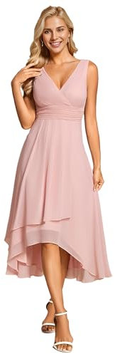 Ever-Pretty Robe Femme de Cocktail Mousseline High Low Col V sans Manche Taille Empire Chic Rose 42