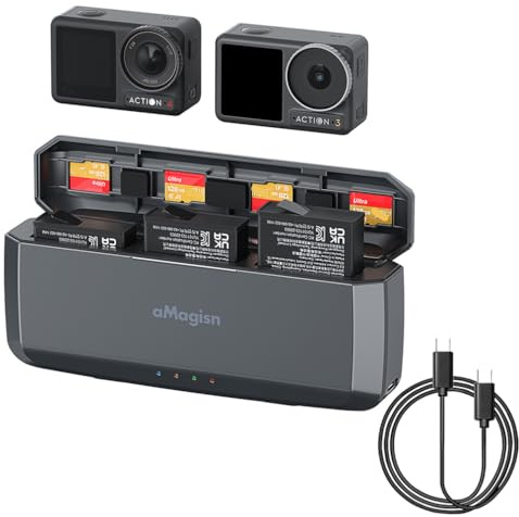 Tragbares Schnellladegerät für DJI Osmo Action4/3 Akkus Ladestation, Osmo Action4/3 Zwei-Wege-Ladehub mit eingebautem 7710mAh Akku Ladekoffer Action 4/3 Kamera Zubehör