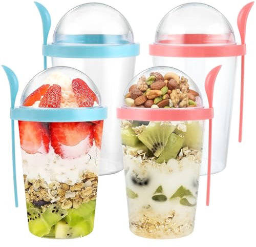 LOPYXBR 4PCS Yogurt Pot with Lid 14OZ/400ml Overnight Oats Jars with Lids and Spoons, Reusable Jars for Overnight Oats, Overnights Oat Container with Lids for Cereal Fruit Vegetable Milk Meal Prep