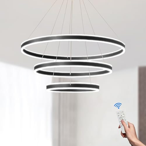 LAMPLAY Runde Moderne LED-Pendelleuchte, 3 Schwarzer Ring-Kronleuchter, Dimmbar Mit Fernbedienung 3000K-6000K Deckenleuchte, Höhenverstellbar, Foyer, Wohnzimmer, Schlafzimmer, Esszimmer(Ø40+60+80cm)