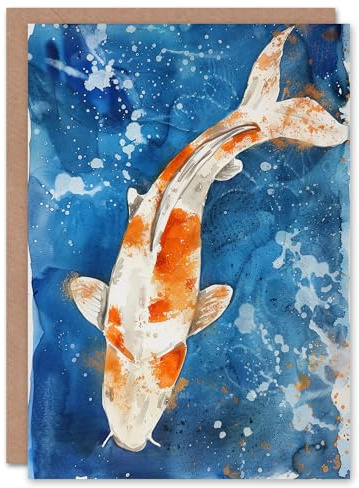 Artery8 Greeting Card Japanese Koi Carp Fish in Pond Watercolour Splat Blank For Him Or Her Art Birthday Card