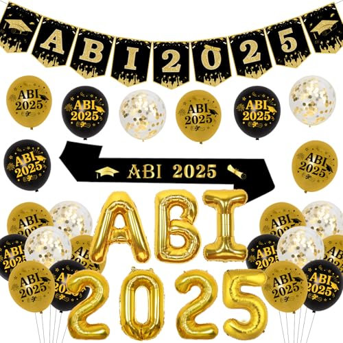 Fangleland ABI 2025 Deko Schwarz Gold, Abitur Deko 2025, Party Deko Bestandene Prüfung mit ABI Luftballons Banner Schärpe für Abschlussfeier Party Dekoration Graduierung Deko