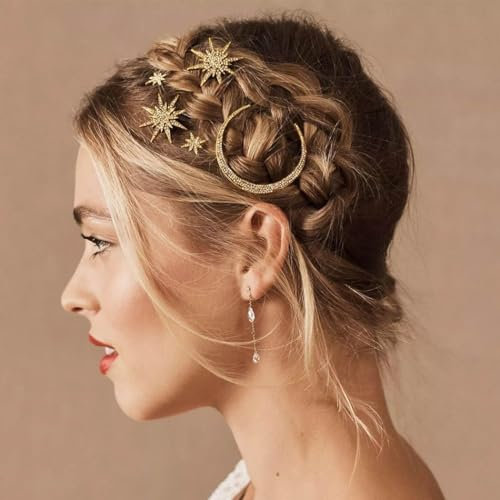 3 Stück Strass Mond Haarnadeln, Stern Strass Haarnadel Clips Haarspangen, Kopfschmuck Glitzer Strass Haarklemmen,Braut Hochzeit Haarnadeln, Haarschmuck Accessoires für Frauen und Mädchen (Gold)