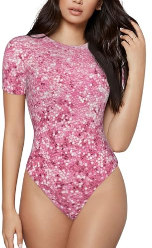 Kuilepa Damen-Body mit pinkem Glitzer-Druck, kurze Ärmel, schmale Passform, lässig, Basic, Alltag, Jumpsuit, T-Shirts, S-XL