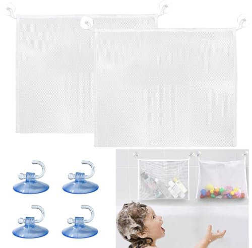 Bath Toy Storage,2 PCS Bath Toy Net,Foldable Bath Toy Holder,Bath Net Toy Storage,with Suction Cup Bath Toy Bag for Organizing Toys and Bathroom Items with 4 Strong Hooks (White)