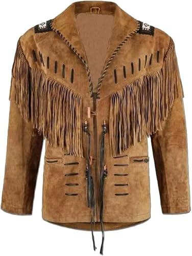 Fami Sports Veste western de cowboy traditionnelle pour homme | Cuir daim amérindien | Style classique avec perles, franges et os