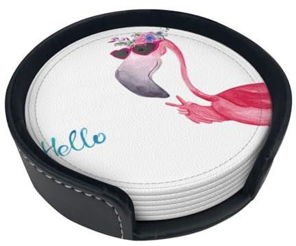 Hello Glasses Untersetzer mit Flamingo-Druck, 6 Stück, PU-Untersetzer für Getränke, Bars, Partys, Geburtstagsgeschenke, Heimdekoration, Einweihungsfeier