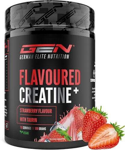 Poudre de Créatine Flavoured - 550g - Créatine Monohydrate + L-Taurine - Créatine Micronisée avec Goût - Sans Sucre & Solubilité Supérieure - Vegan (Strawberry)