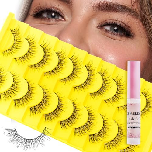 GEMERRY 10 Paires Cils Naturels & Colle Faux Cils, Vaporeux Aspect Naturel Faux Cils Cils Naturels Faux Cils Cils Doux et Moelleux(Kit-BY004)