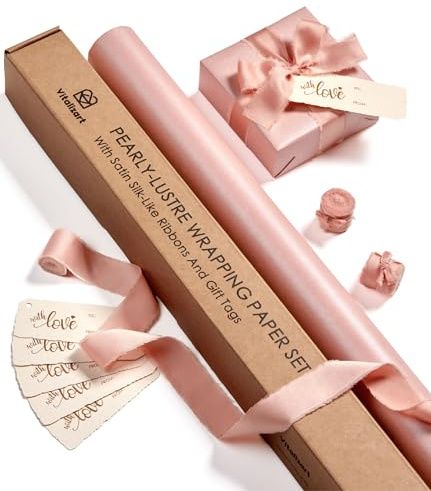 Vitalizart 76cm*5m Rosa Geschenkpapier Set, Perlglanz mit Rosa Geschenkband & Geschenkanhänger Recycelbar, Geschenkpapierrolle für Weihnachten Geburtstag Hochzeit Geschenk & Handarbeit