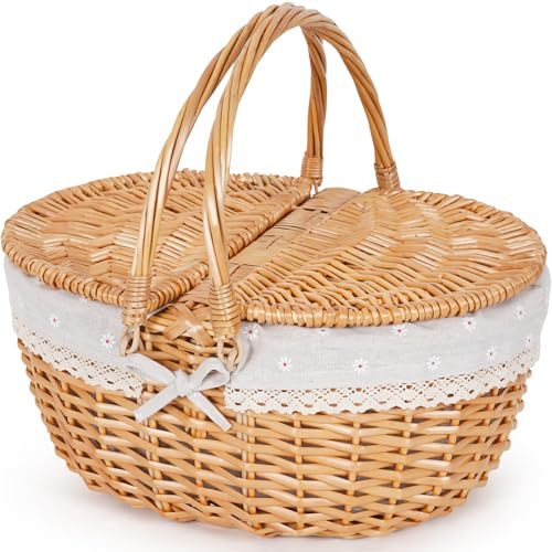 HEALSTOK Wicker Picknick-Korb mit Griff, 15 große leere Pick nick-Korb mit Deckel & abnehmbare Liner, Vintage Hand geflochtenen Korb für Picknicks, Camping, Gemüse pflücken (weiße Blume, 15incn/40cm)