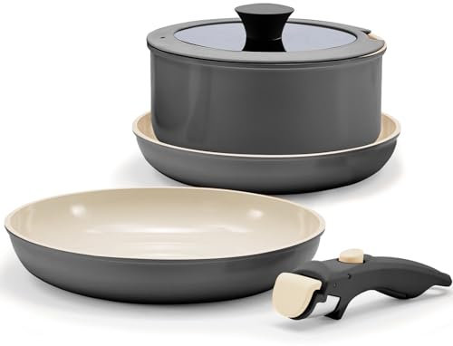 Florosa Pentole e padelle in ceramica, 5 pezzi, 20/26 cm, non tossico, padella antiaderente con coperchio e manici rimovibili, adatto a induzione e forno, senza PTFE/PFOA, nero