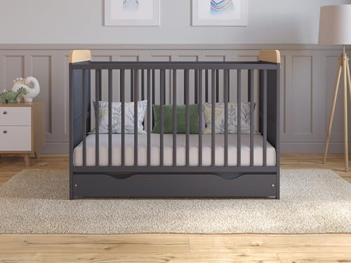 Love For Sleep Cuna de Madera para bebé 120x60 cm con cajón Antracita-Pino – Convertible en Cama Infantil – Altura Ajustable – Cuna evolutiva para recién Nacido y niño pequeño