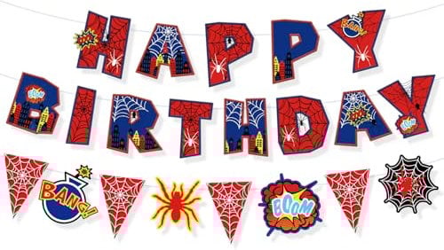 Tinoaly Spider-Themed Birthday Party Decorations Set, Includes Happy Birthday Banner & Spiderweb Pennant Flag Sign Garland for Kids Backdrop Party Supplies for Boys Girls Baby Shower Decor
