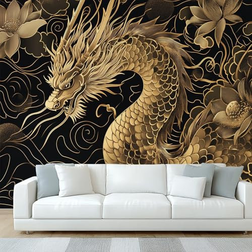 Chinese Dragon Wallpaper, Oriental Animal Japan Black and Gold Wall Mural, Wallpaper for Bedroom Living Room, Home Decor, Photo Wall Paper, 200 x 140 cm &BHGF