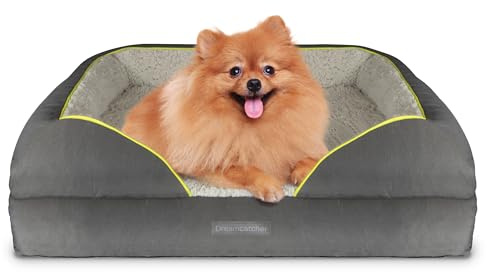 Dreamcatcher Small Dog Bed, Orthopaedic Memory Foam, Bolster, Waterproof | 65 x 40 x 20cm bed with cooling gel memory foam, four-sided bolster, waterproof liner, non-slip base and washable cover.
