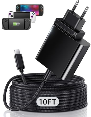 65W USB-C Schnellladeladegerät für Steam Deck, Nintendo Switch 2 & ROG Ally – MENEEA PD3.0 Klappbarer Netzadapter mit 10FT Kabel, für TV Dock/Switch 2 Ladegerät (10FT)