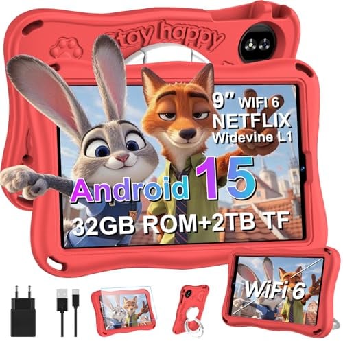 SUAAT 2026 Neuestes Android 15 Kinder Tablet, 9 Zoll HD Display kids tablet, 12+32GB(2TB TF), WiFi 5G, iWAWA, Widevine L1, GMS, 5+8MP, OTG,AI, Cast, 5000mAh, Elternkontrolle, mit Eva Schutzhülle – Rot