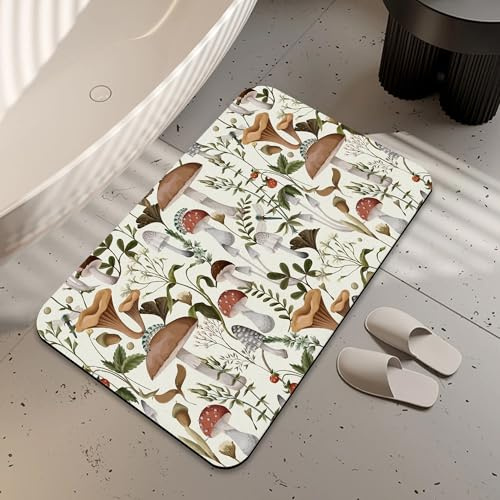 LUOENY Mushroom Bath Mat, Non-Slip Quick Dry Absorbent Thin Bathroom Rug Fit Under Door Bathroom Mat Shower Rug for in Front of Bathtub, Sink, Shower Room (75x43 cm)