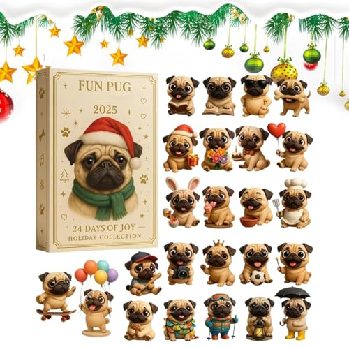 Weihnachts-Adventskalender Mops 2025-2D Hunde, Acryl, 24 Tage, saisonale Dekoration – Baumschmuck, Mops niedlich, Countdown-Kalender, für Hundeliebhaber