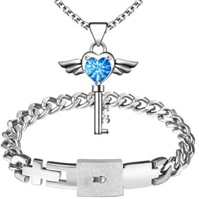 Flongo Lock and Key Couple Jewellery: 2 Pieces  Her Necklace with Heart Pendant and Blue Crystal Wing Design, His Cuban Link Bracelet,  Gift for Couples