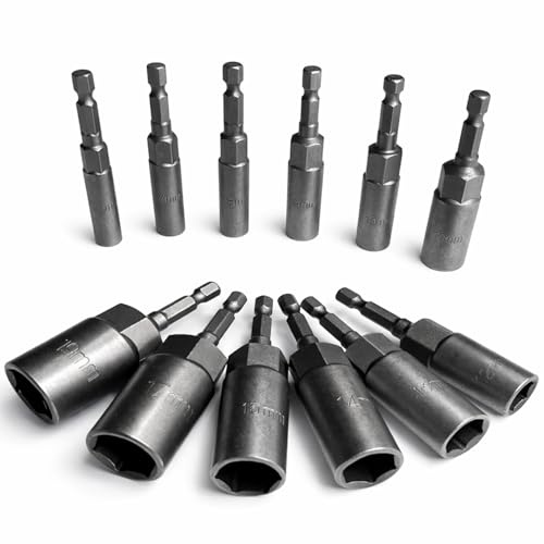 12 Pcs Deep Hexagon Nut Driver Socket Set 6–19mm, 1/4″ Hex Shank | Long Reach Nut Setter Drill Bits for Impact Driver & Power Tools, Bolt Extractor Socket Set Quick Change