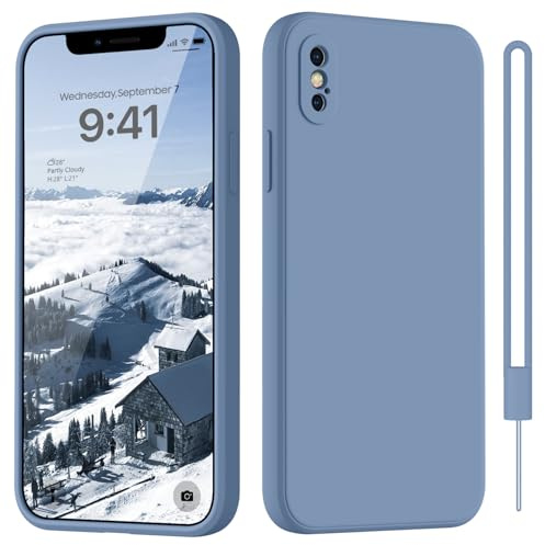 HGH für iPhone X/XS Hülle Silikon mit Lanyard, Blau Grau | Handyhülle für iPhone X/XS Dünn Rundumschutz mit Microfiber-Innenfutter Kratzfest Schutzhülle 5.8