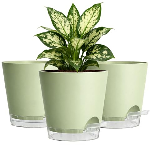 Pots de fleurs auto-arrosants de 15 cm pour intérieur, lot de 3 - Pots de remplissage latéral avec réservoir à niveau d'eau transparent et système de mèche, pots de fleurs modernes en plastique vert