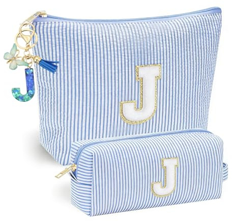 Trousse de Toilette Femme, Trousse Maquillage Femme Personnalisée Bleue avec Porte-clés Papillon et Pompon Initial, Trousse de Toilette et Maquillage pour Filles (J)