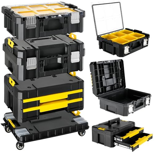 Cassetta Attrezzi 4 Livelli, Sistema Modulare Impilabile con Ruote, Cassetti, Cassetta Degli Attrezzi Mobile per Officina, Garage e Casa, 44,5 x 35 x 52 cm