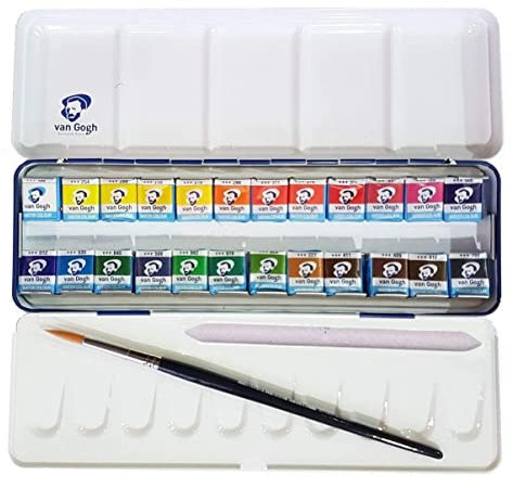 24 Näpfchen Feine Van Gogh Künstler Aquarellfarben im Metall Aquarellkasten incl + 1 Bürsten und Estompen