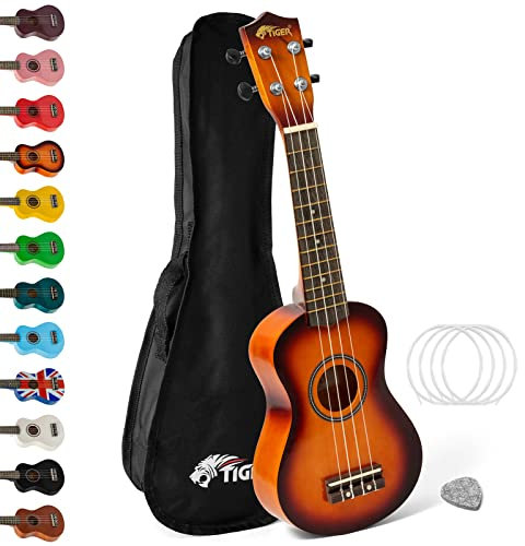 TIGER Uke7-Sb Ukulele Soprano per Principianti Include Custodia Gig, Plettro In Feltro, Set Di Corde Di Ricambio, Ukulele e Borsa, Marrone (Sunburst)