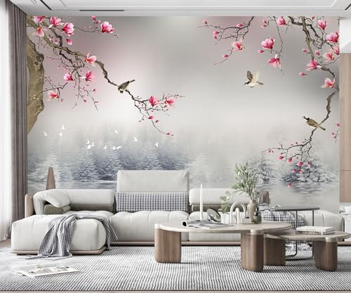 QEETapate Papier Peint Panoramique Oiseau D'Orchidée De Jade Papier Peint Nature Intissé Murale Chambre Salon,300cmX210cm