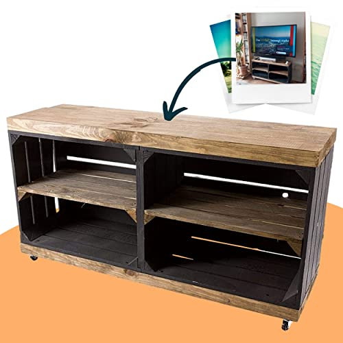 Vintage Möbel 24 GmbH TV-Schrank aus Regalkisten schwarz und „Used“ auf Rollen 100cm x30cm x50cm