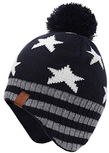 Foruhoo Jungen Mütze Strickmütze Beanie, Jungen Wintermütze Hut mit Fleecefutter(Marineblau Stern,55cm)