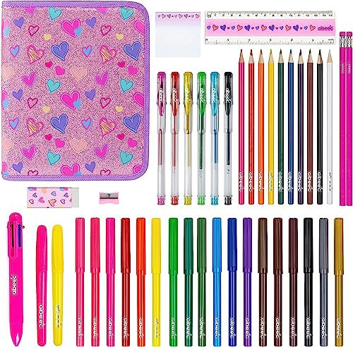 Abeec Briefpapier-Set Mädchen Kind Einhorn Glitzer Federmäppchen mit Stift, Filzstiften und Zubehör - Geburtstagsgeschenk für Mädchen ab 5 Jahren