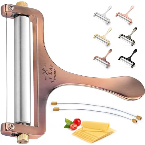 Zulay Adjustable Cheese Slicer - Wire Slicer For Mozzarella, Cheddar, Gouda - Heavy Duty With 2 Extra Wires (Copper)