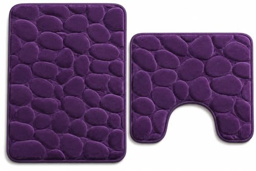HOMES-LINEN Stone Pebbles Bath Mat Set Non Slip Pedestal Set Extra Absorbent 100% Memory Foam Bathroom Toilet Mat Rug Set (Plum)