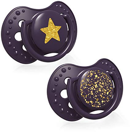 LOVI Silikon Schnuller dynamisch 2 St. Stardust, Schützt den Saugreflex, Stillen sicher, Biss und Sprechen sicher, Antiallergisch (Violet 0-3 m)